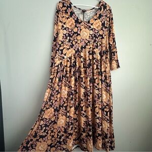Women’s Large Agnes and Dora midi flowy dress floral XL 1X 3/4 Sleeve
